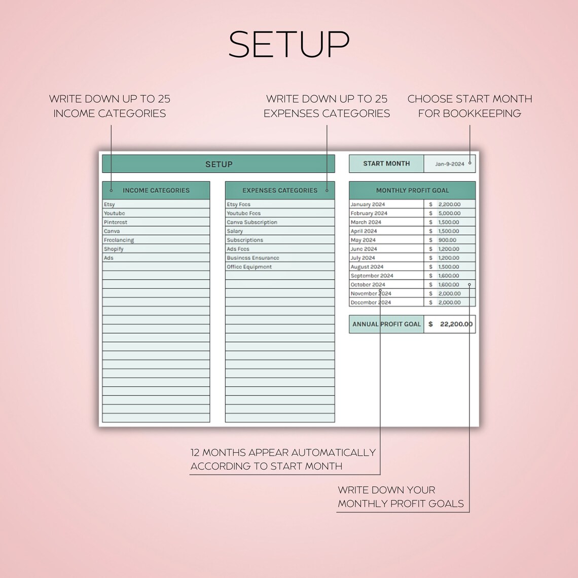 Bookkeeping Template for Excel and Google Sheets – Small business accounting spreadsheet with income log, expense log, monthly and annual overview