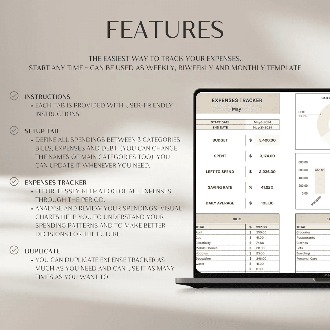 Expense Tracker Template – Google Sheets and Excel spending log with categories, dashboard, and visual charts