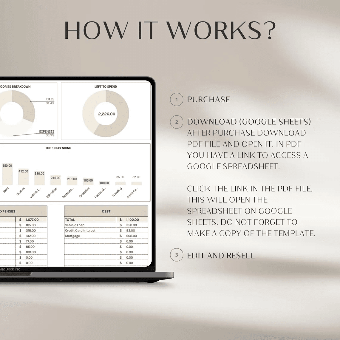Expense Tracker Template – Google Sheets and Excel spending log with categories, dashboard, and visual charts