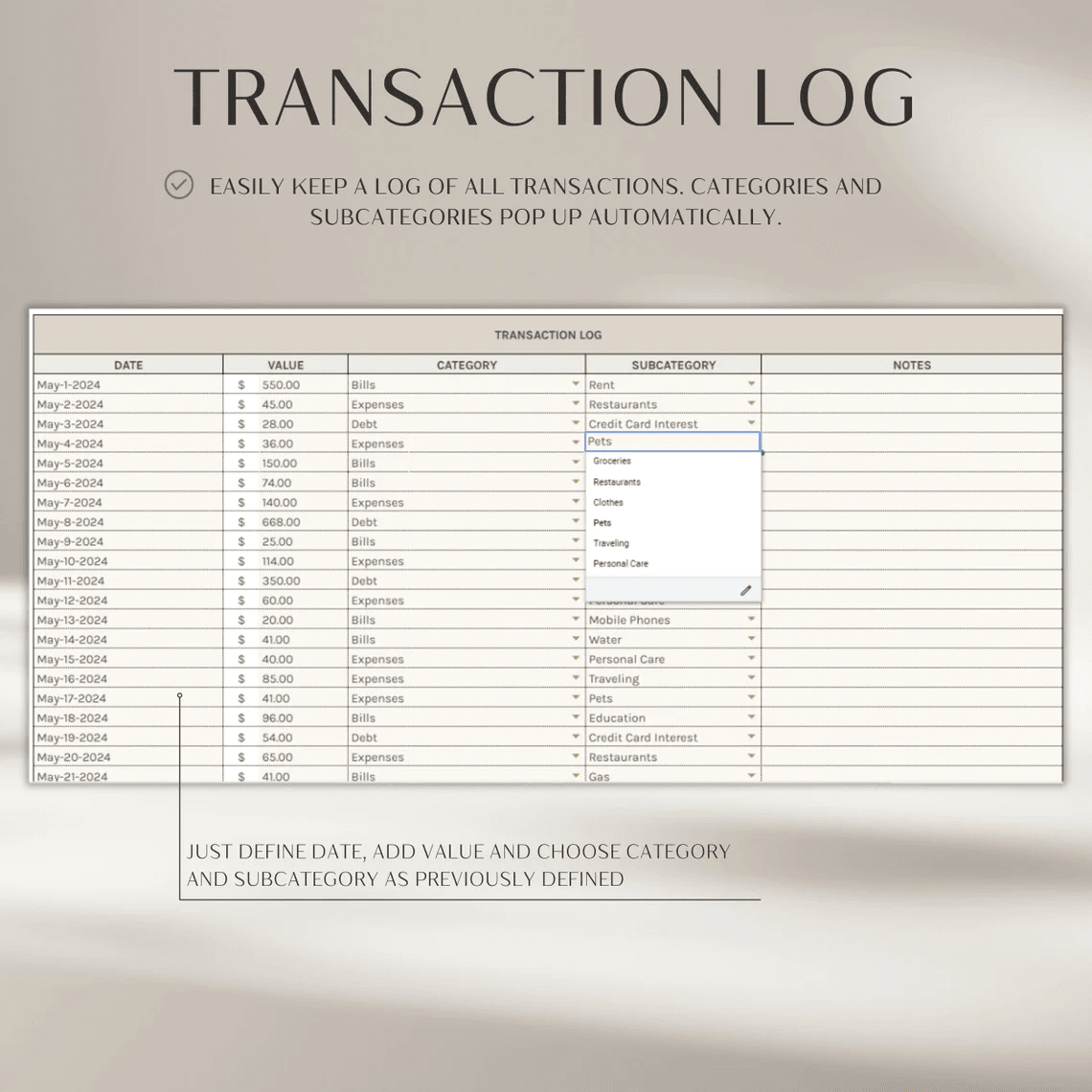 Expense Tracker Template – Google Sheets and Excel spending log with categories, dashboard, and visual charts