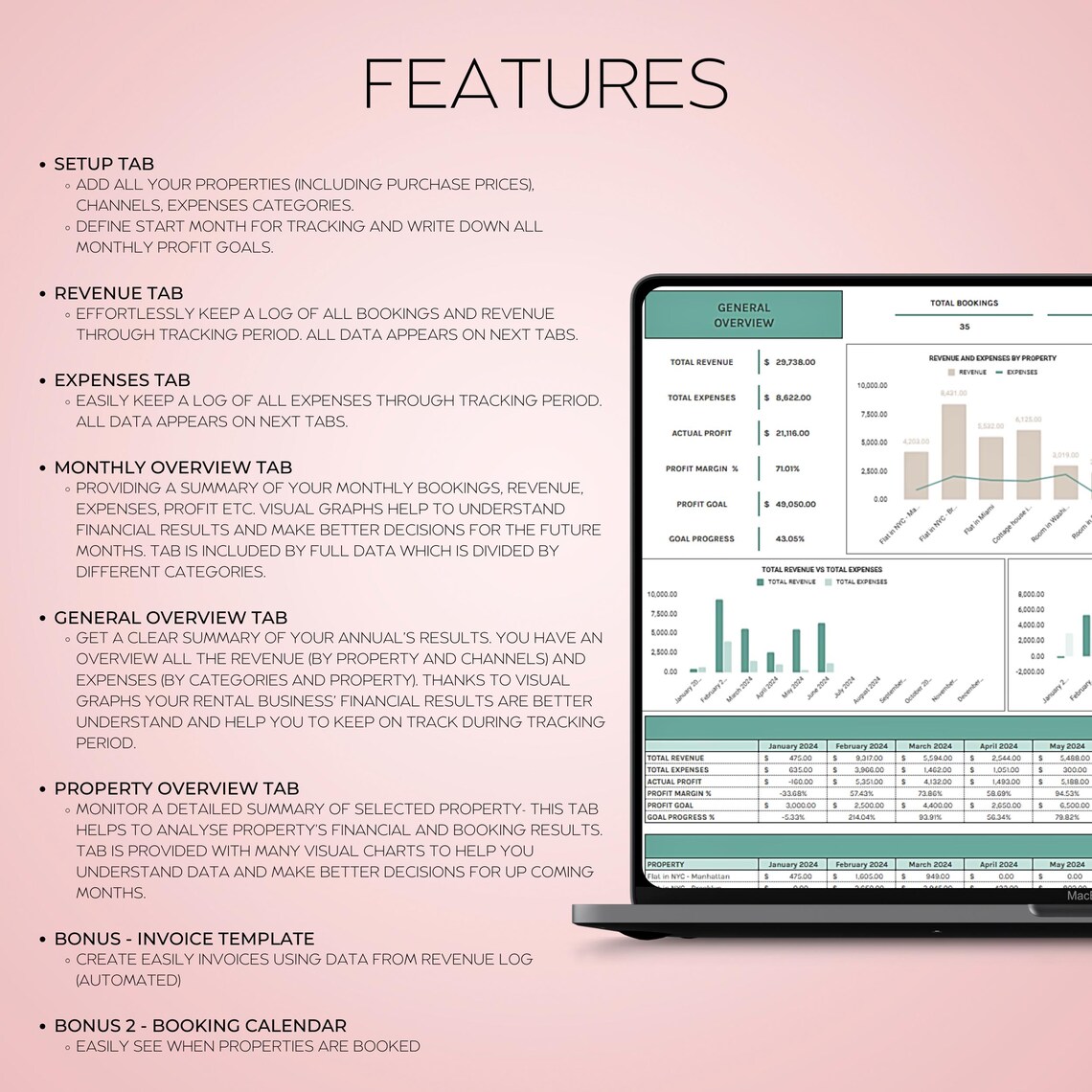 Airbnb Multi-Rental Tracker Spreadsheet – Excel and Google Sheets property management template with booking calendar, revenue and expense logs, and dashboards