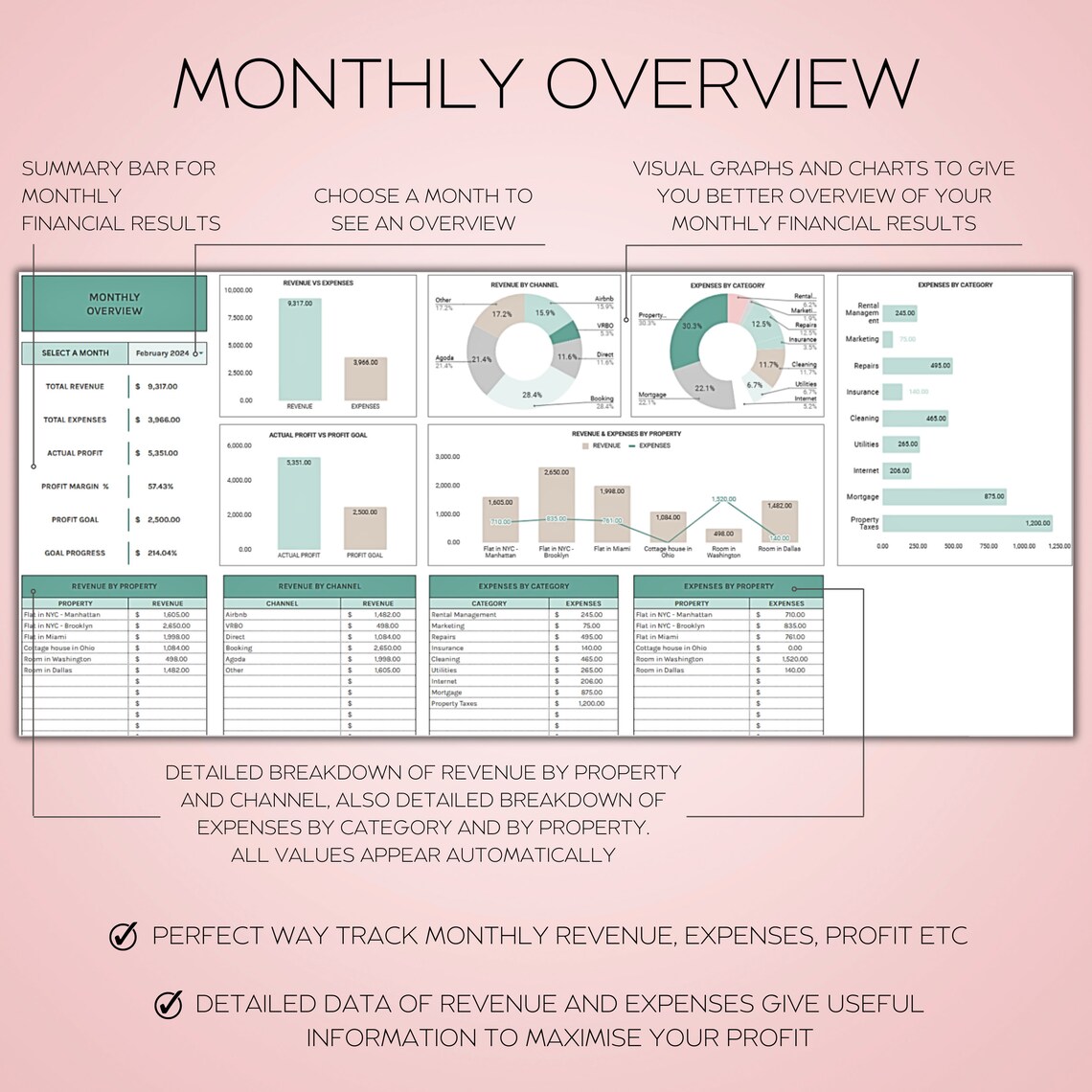 Airbnb Multi-Rental Tracker Spreadsheet – Excel and Google Sheets property management template with booking calendar, revenue and expense logs, and dashboards