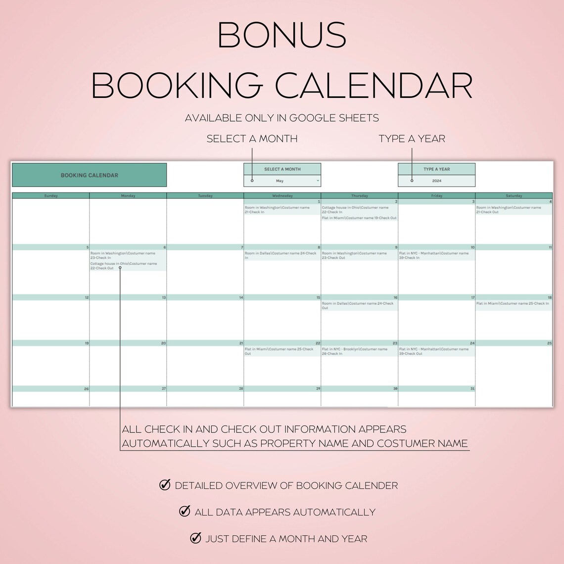 Airbnb Multi-Rental Tracker Spreadsheet – Excel and Google Sheets property management template with booking calendar, revenue and expense logs, and dashboards