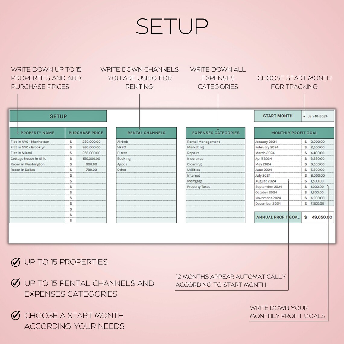 Airbnb Multi-Rental Tracker Spreadsheet – Excel and Google Sheets property management template with booking calendar, revenue and expense logs, and dashboards
