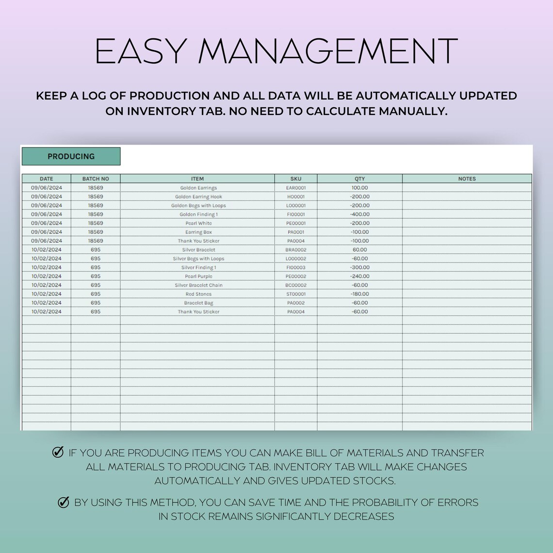 Inventory Tracker Google Sheets Template – stock management spreadsheet with purchases log, sales tracking, supplier database, and automated BOM updates