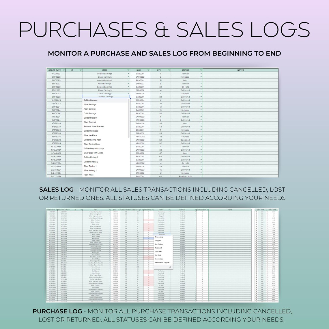 Inventory Tracker Google Sheets Template – stock management spreadsheet with purchases log, sales tracking, supplier database, and automated BOM updates
