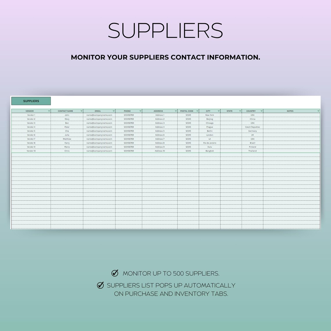 Inventory Tracker Google Sheets Template – stock management spreadsheet with purchases log, sales tracking, supplier database, and automated BOM updates