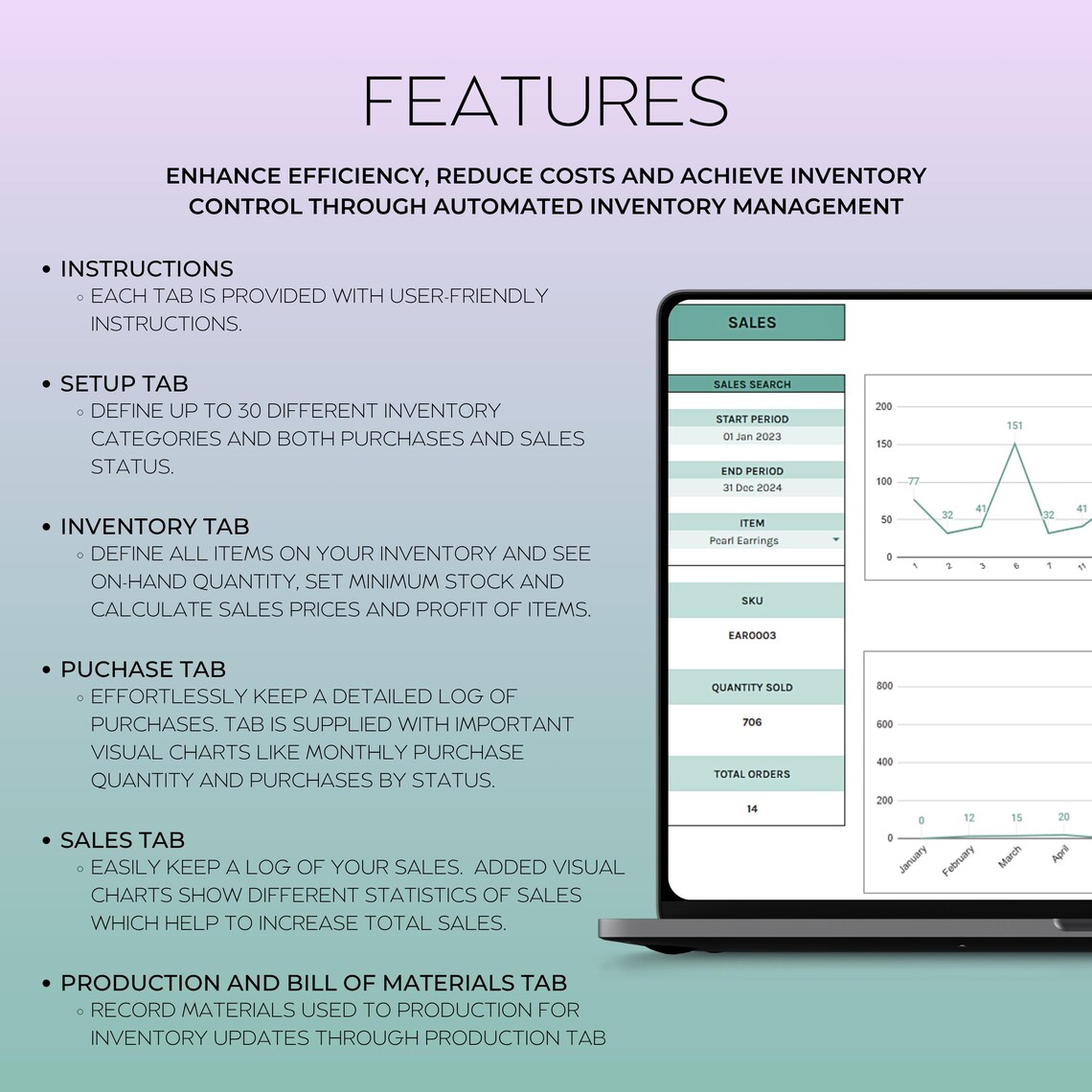 Inventory Tracker Google Sheets Template – stock management spreadsheet with purchases log, sales tracking, supplier database, and automated BOM updates