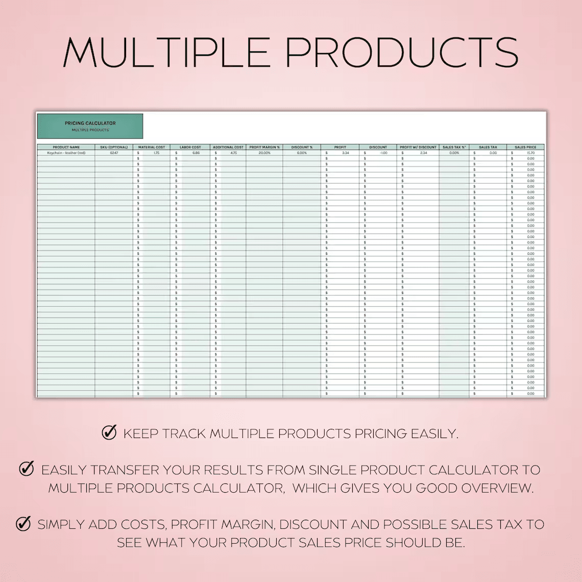 Product Pricing Calculator Spreadsheet – Excel and Google Sheets template for small business owners to calculate product prices using profit margin, profit amount, or set sales price