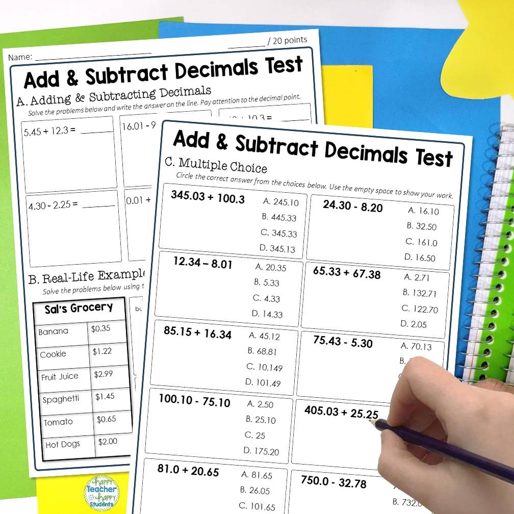 Multiply, Divide, Add & Subtract Decimals Bundle 3 Decimal Tests w Answer Keys