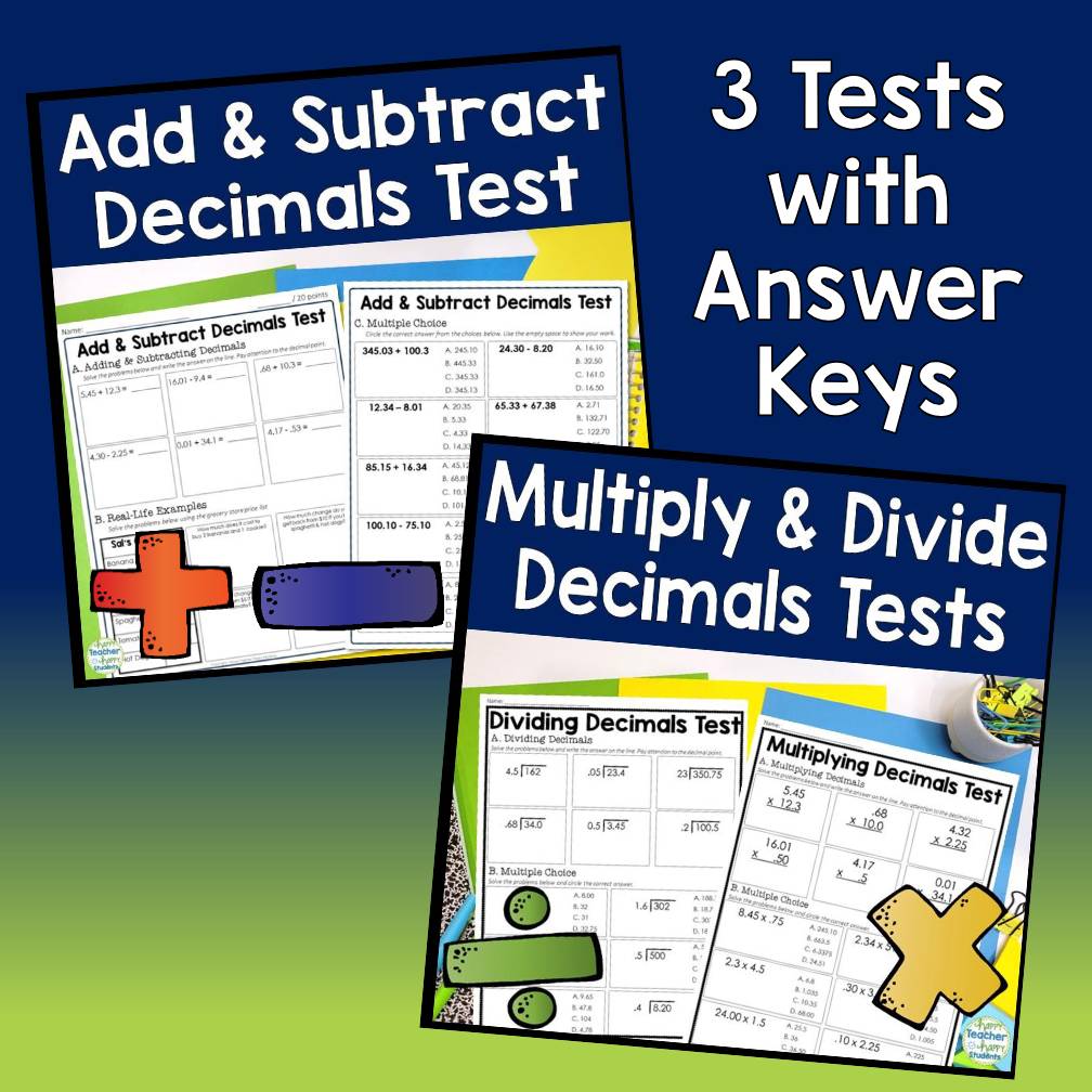 Multiply, Divide, Add & Subtract Decimals Bundle 3 Decimal Tests w Answer Keys