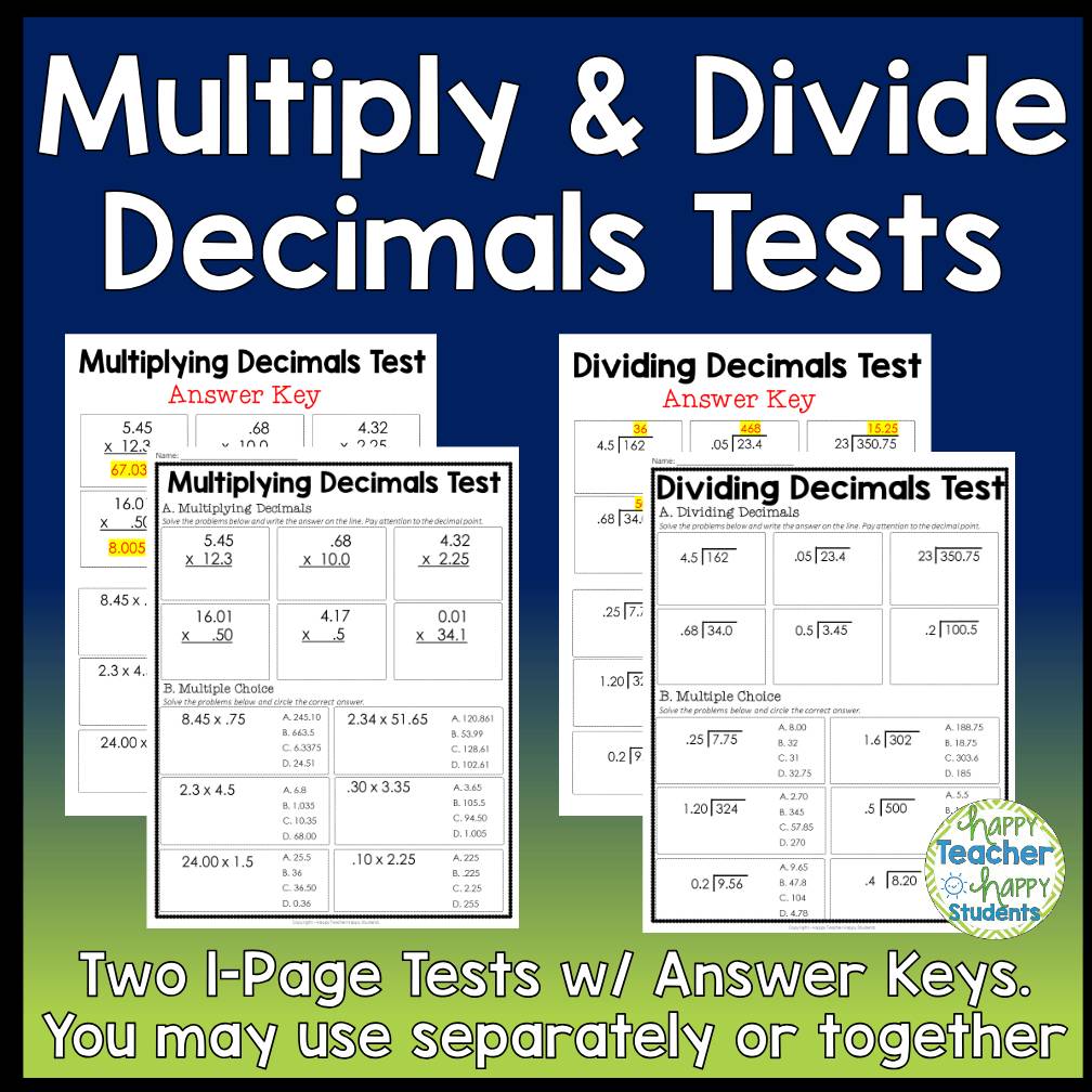 Multiply, Divide, Add & Subtract Decimals Bundle 3 Decimal Tests w Answer Keys