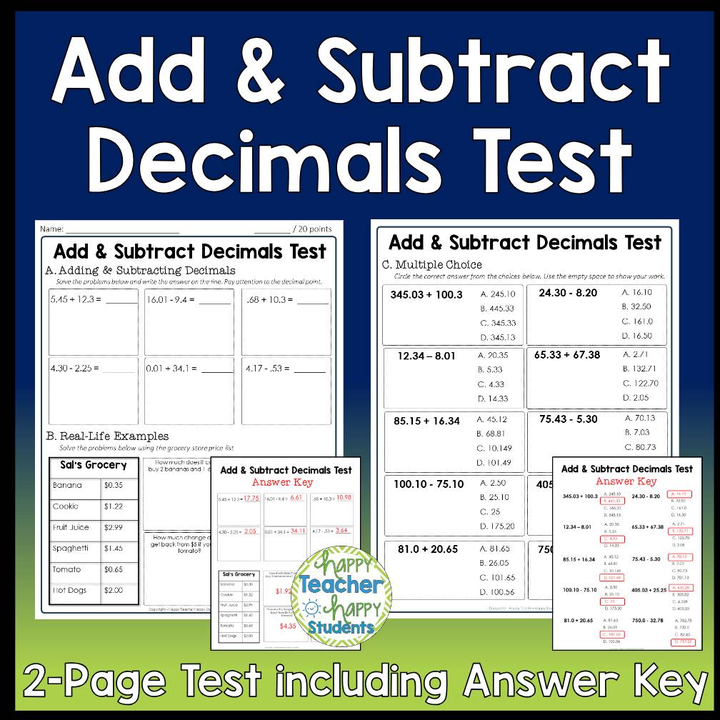 Multiply, Divide, Add & Subtract Decimals Bundle 3 Decimal Tests w Answer Keys