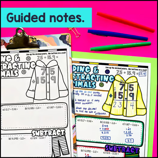 Adding and Subtracting Decimals Guided Notes with Doodles | Sketch Notes Lesson