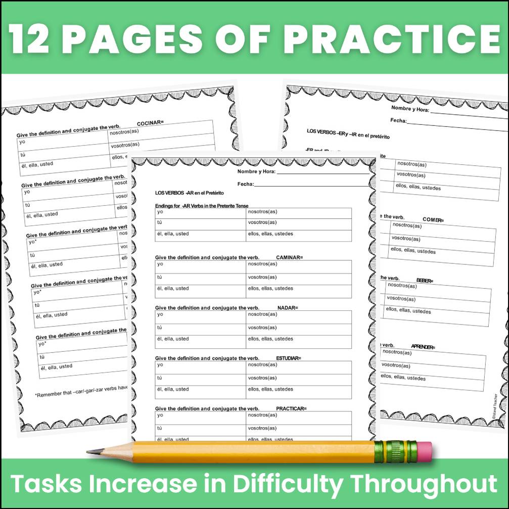 Spanish Preterite Tense Verbs Worksheets AR ER IR Conjugation Practice