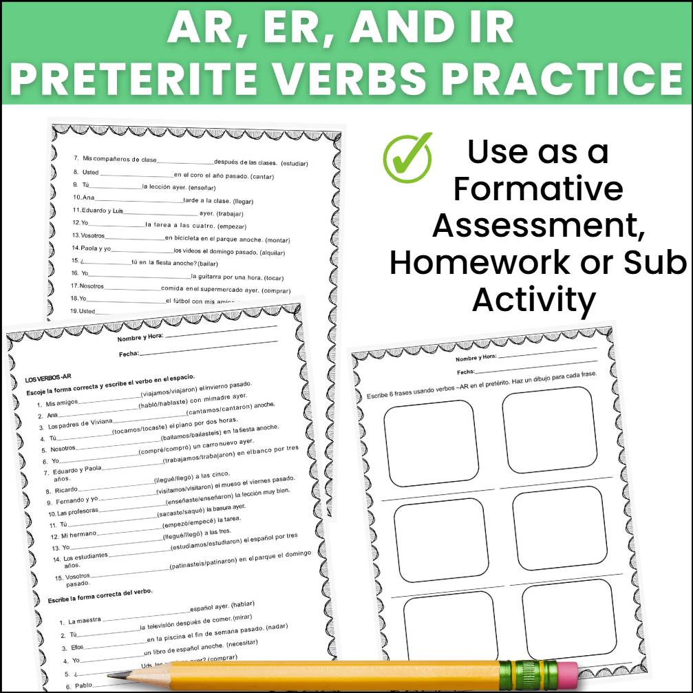 Spanish Preterite Tense Verbs Worksheets AR ER IR Conjugation Practice