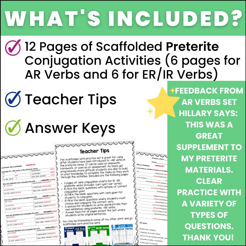 Spanish Preterite Tense Verbs Worksheets AR ER IR Conjugation Practice