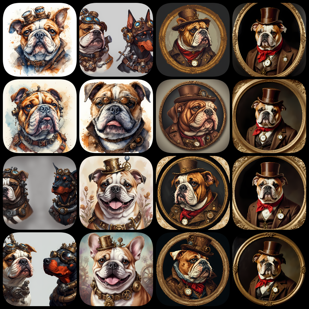 A bundle of 111 high-resolution steampunk dog PNG images featuring various breeds in unique, artistic styles. Perfect for clipart, scrapbooking, decoupage, wall art, junk journaling, and creative design projects. Includes 300 DPI files in multiple sizes a
