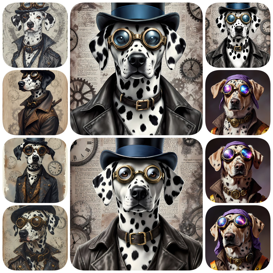 A bundle of 111 high-resolution steampunk dog PNG images featuring various breeds in unique, artistic styles. Perfect for clipart, scrapbooking, decoupage, wall art, junk journaling, and creative design projects. Includes 300 DPI files in multiple sizes a