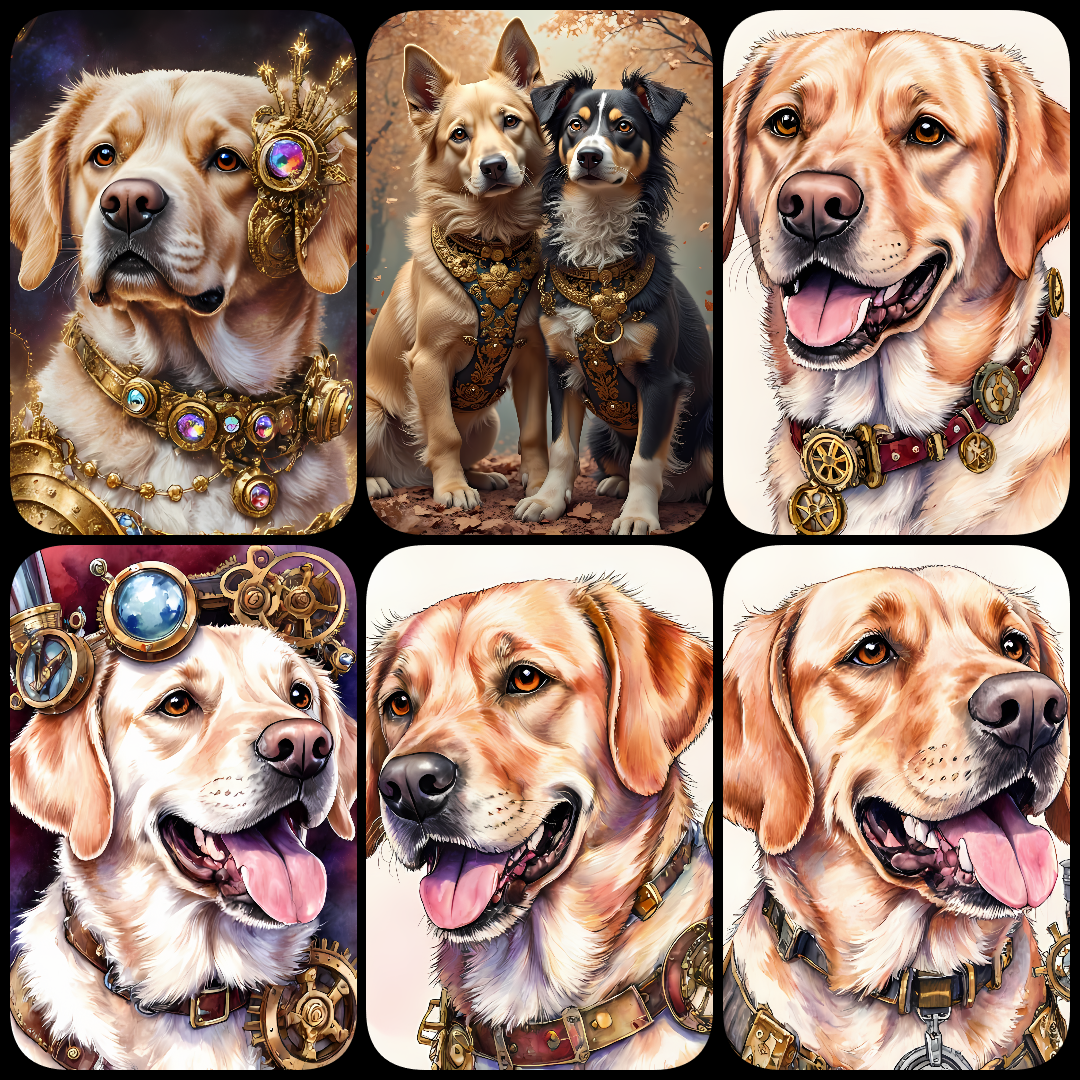 A bundle of 111 high-resolution steampunk dog PNG images featuring various breeds in unique, artistic styles. Perfect for clipart, scrapbooking, decoupage, wall art, junk journaling, and creative design projects. Includes 300 DPI files in multiple sizes a