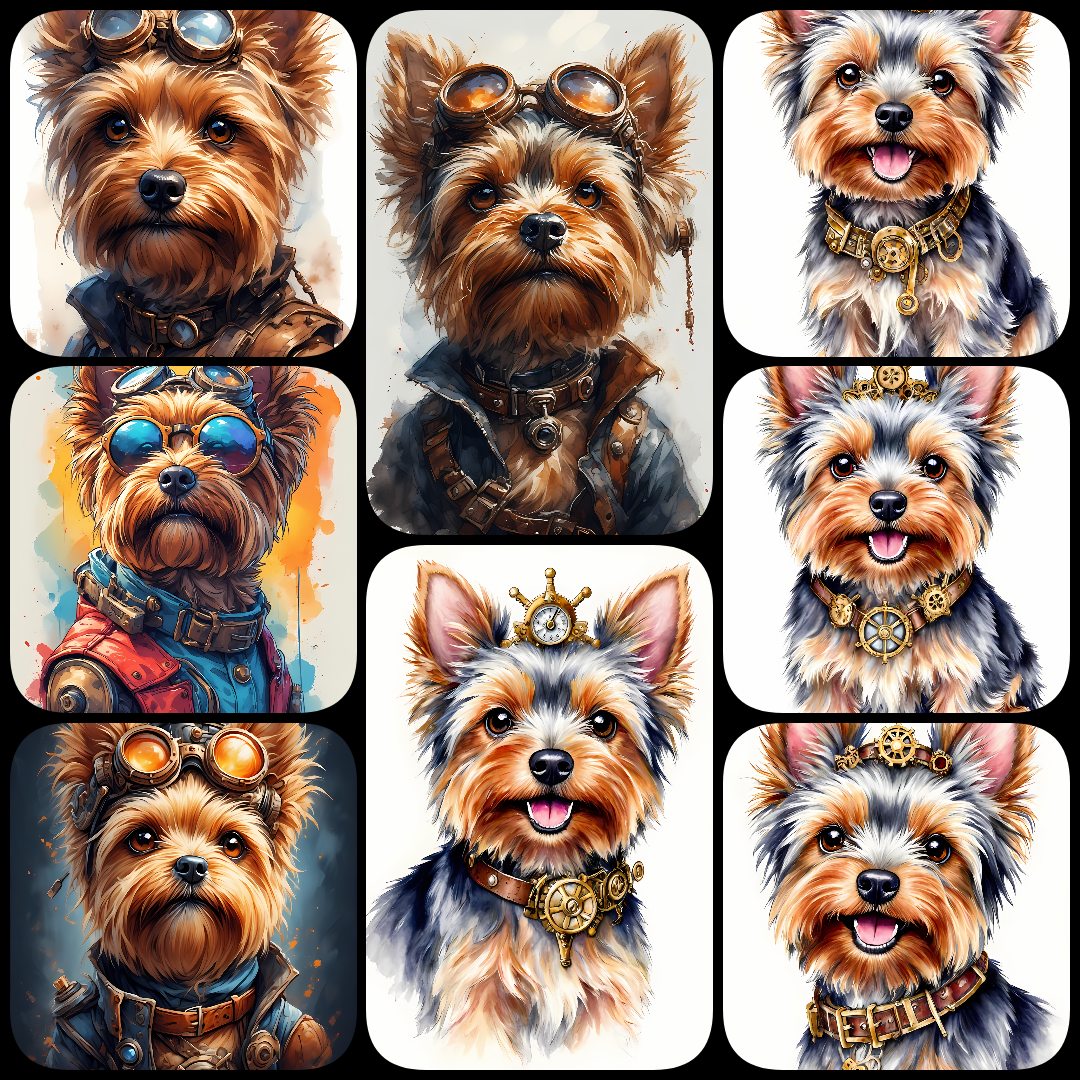 A bundle of 111 high-resolution steampunk dog PNG images featuring various breeds in unique, artistic styles. Perfect for clipart, scrapbooking, decoupage, wall art, junk journaling, and creative design projects. Includes 300 DPI files in multiple sizes a