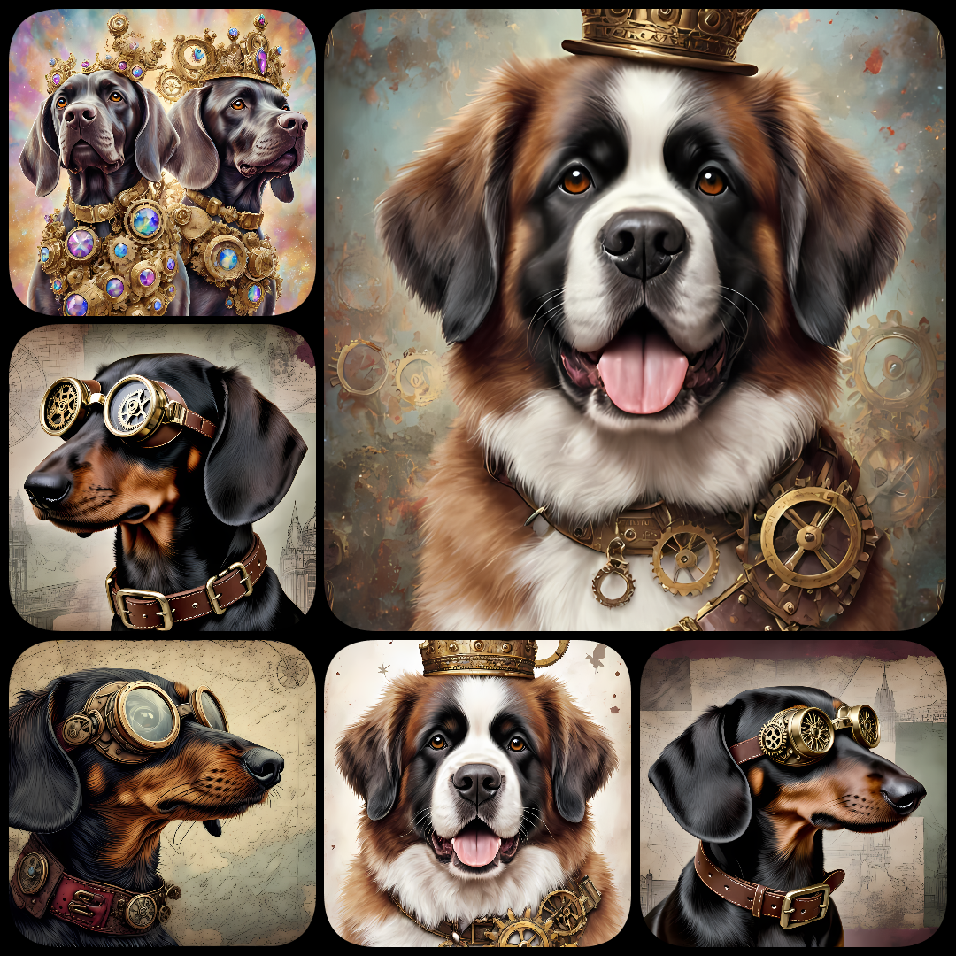 A bundle of 111 high-resolution steampunk dog PNG images featuring various breeds in unique, artistic styles. Perfect for clipart, scrapbooking, decoupage, wall art, junk journaling, and creative design projects. Includes 300 DPI files in multiple sizes a
