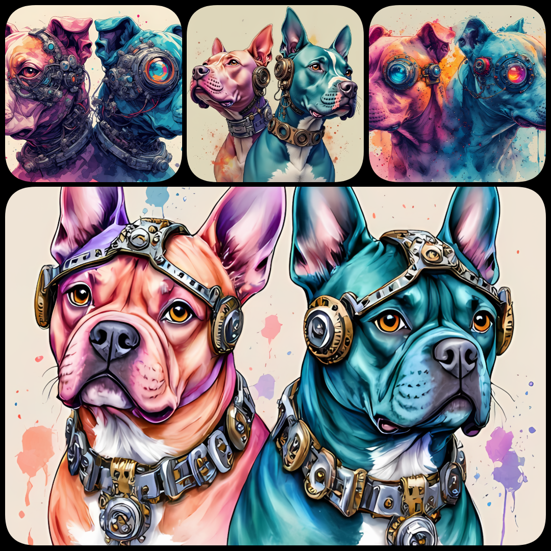 A bundle of 111 high-resolution steampunk dog PNG images featuring various breeds in unique, artistic styles. Perfect for clipart, scrapbooking, decoupage, wall art, junk journaling, and creative design projects. Includes 300 DPI files in multiple sizes a