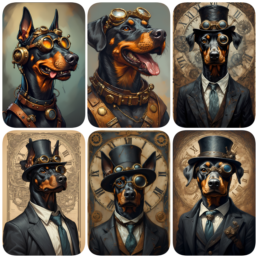 A bundle of 111 high-resolution steampunk dog PNG images featuring various breeds in unique, artistic styles. Perfect for clipart, scrapbooking, decoupage, wall art, junk journaling, and creative design projects. Includes 300 DPI files in multiple sizes a
