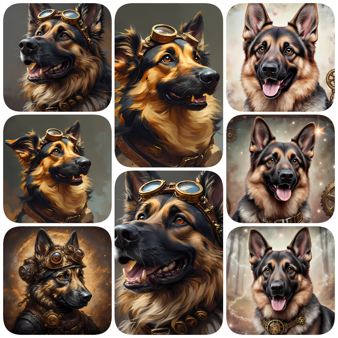 A bundle of 111 high-resolution steampunk dog PNG images featuring various breeds in unique, artistic styles. Perfect for clipart, scrapbooking, decoupage, wall art, junk journaling, and creative design projects. Includes 300 DPI files in multiple sizes a