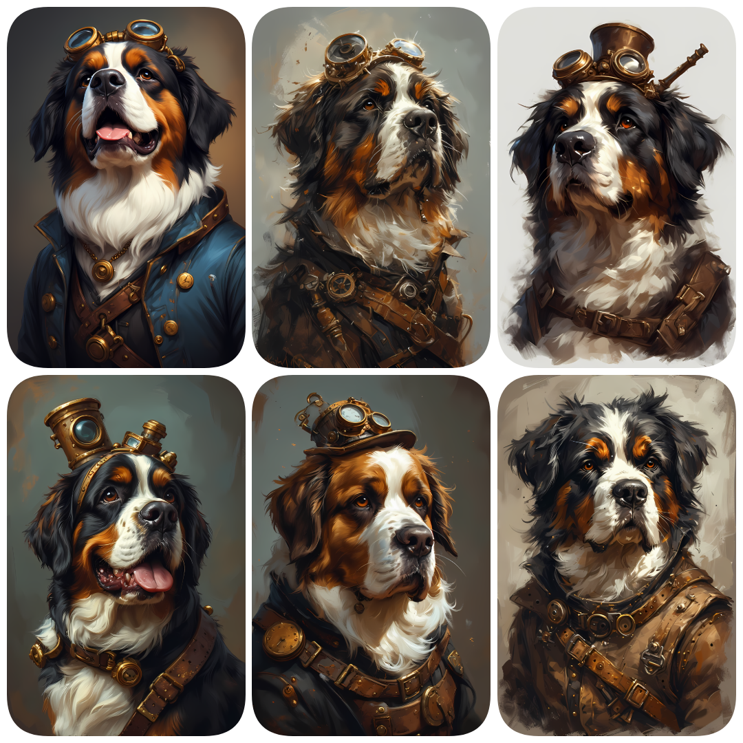 A bundle of 111 high-resolution steampunk dog PNG images featuring various breeds in unique, artistic styles. Perfect for clipart, scrapbooking, decoupage, wall art, junk journaling, and creative design projects. Includes 300 DPI files in multiple sizes a