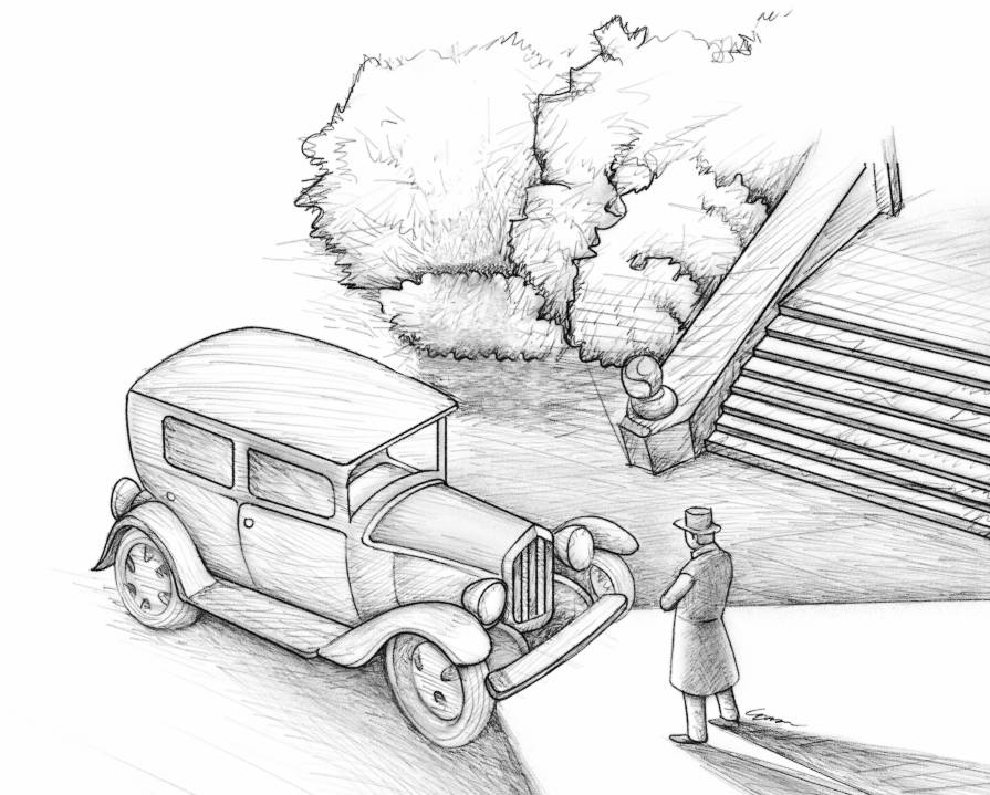 Hand-drawn pencil sketch of a vintage 1920s car parked outside Langton Manor, with a man in a coat and hat standing nearby; illustration from The Secret of Langton Manor Episode 1: Legacy – Hand-Drawn Edition.