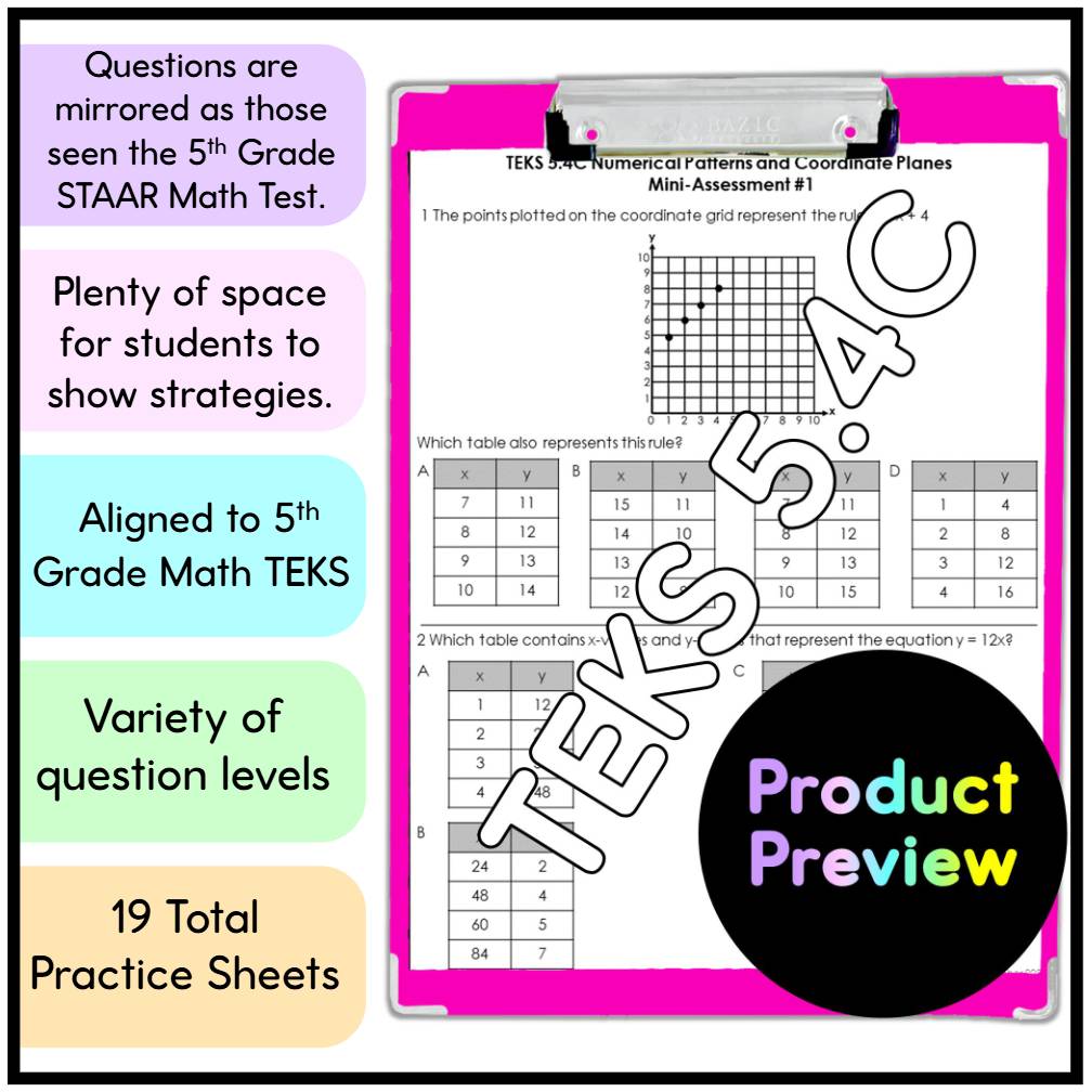 TEKS 5.4C Numerical Patterns and Coordinate Planes - Practice Sheets