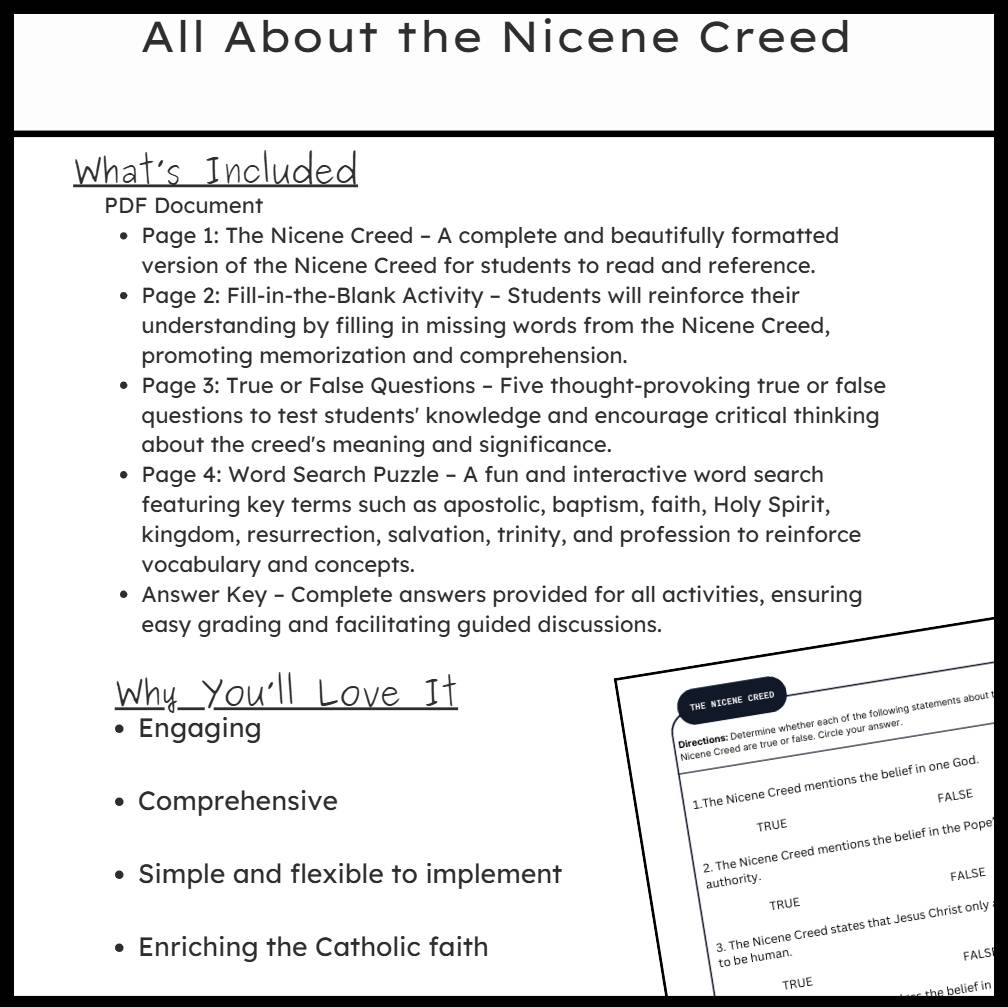 Nicene Creed Worksheet Set for Grades 6-8  Catholic Faith Resource