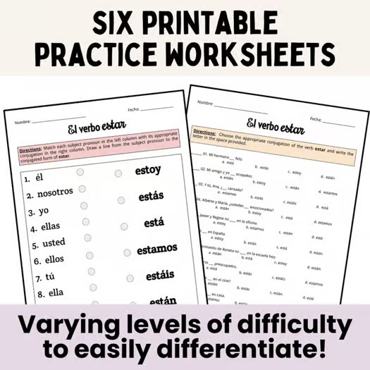 Spanish Verb ESTAR - Practice Worksheets - Grammar & Conjugation