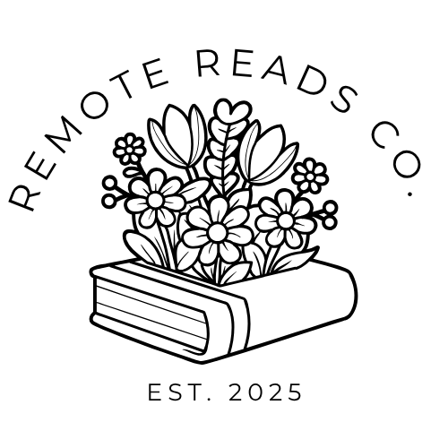 Remote Reads Co. logo featuring a book with floral illustrations, established in 2025 — digital shop specializing in printable Kindle inserts and bookish designs