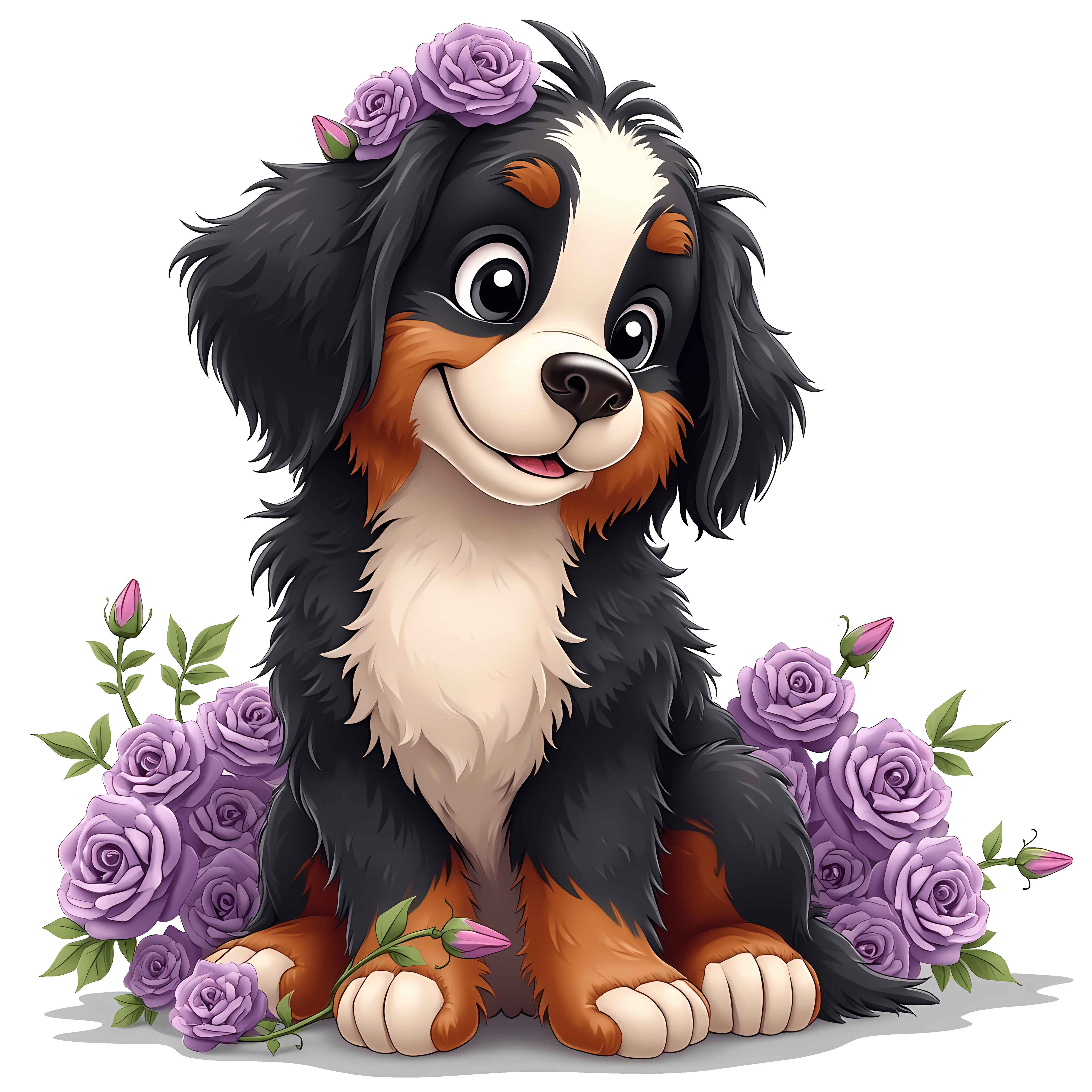 Bernese Mountain dog in a bed of lilac colored roses