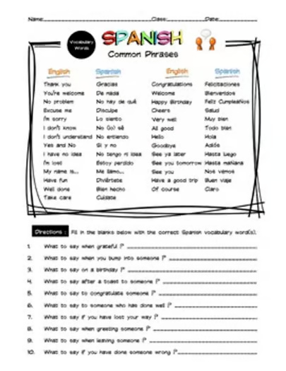 Spanish Common Phrases 9 Page Lesson Packet