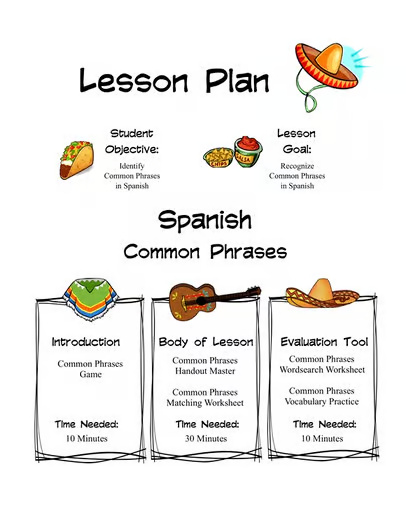 Spanish Common Phrases 9 Page Lesson Packet