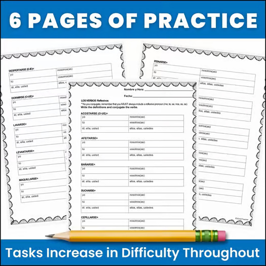 Spanish Reflexive Verbs Conjugation Worksheets Practice Daily Routine Verbs