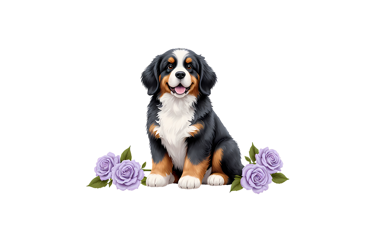 Bernese Mountain dog in a field of lilac coloured roses
