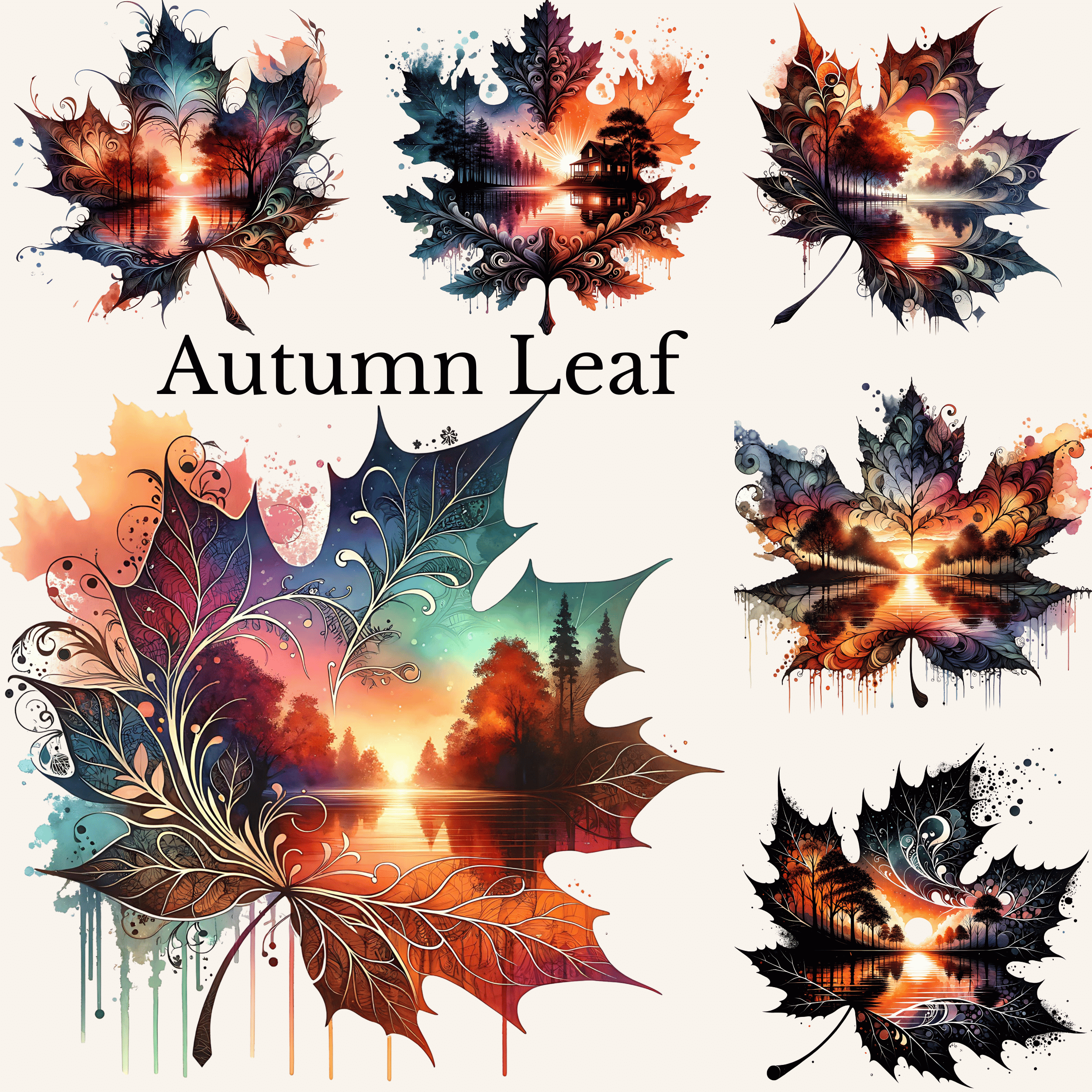Autumn Leaf Clipart Bundle – 6 Fall Foliage PNG Designs with Scenic ...