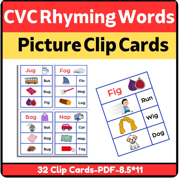 CVC Rhyming Words Picture Clip Cards