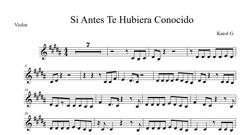 Vista previa de la partitura de violín de 'Si Antes Te Hubiera Conocido', notación musical clara en pentagrama
