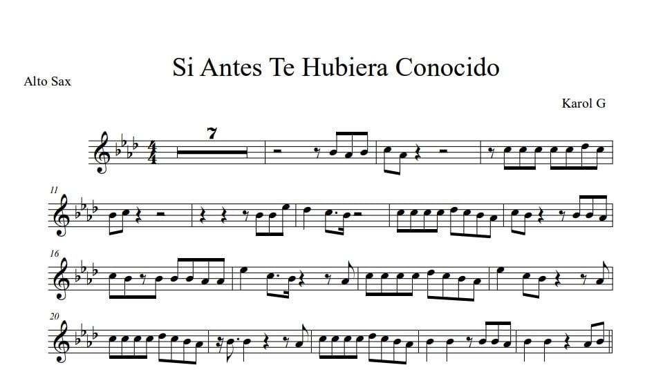 Vista previa de la partitura de saxofón alto de 'Si Antes Te Hubiera Conocido', notación musical clara en pentagrama