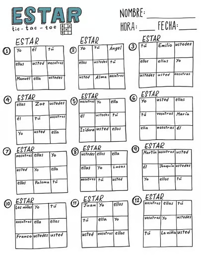 Estar tic tac toe Spanish verb conjugation practice