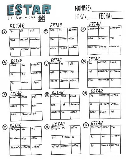 Estar tic tac toe Spanish verb conjugation practice