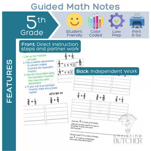 Add Fractions and Mixed Numbers with Unlike Denominators Guided Math Notes