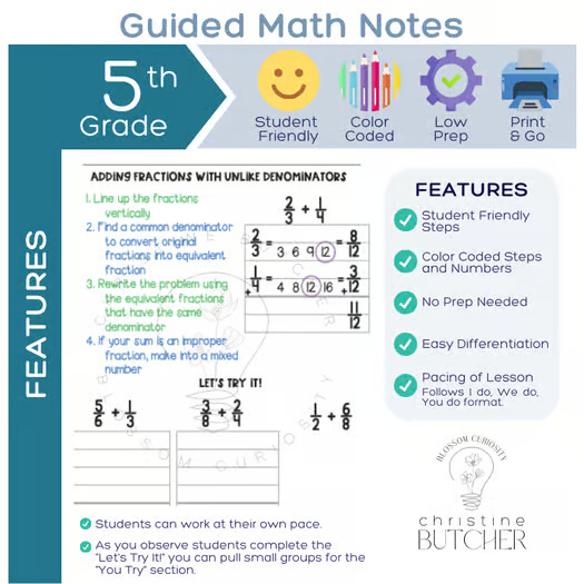 Add Fractions and Mixed Numbers with Unlike Denominators Guided Math Notes