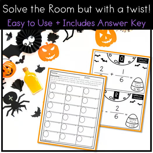 Halloween Scavenger Hunt Adding and Subtracting Fractions Activity 5th 6th Grade