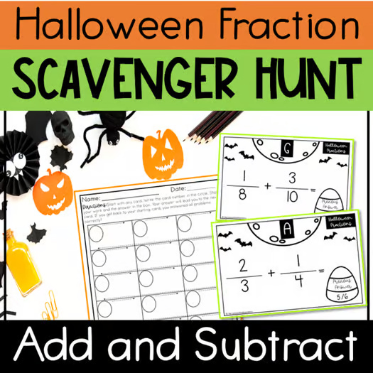 Halloween Scavenger Hunt Adding and Subtracting Fractions Activity 5th 6th Grade